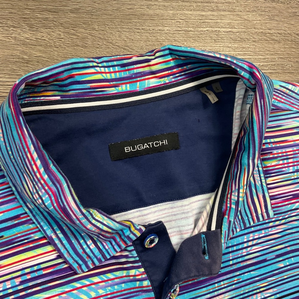 BUGATCHI Geometric Print Classic Golf Polo Shirt Mens Large‎ Blue Purple Yellow - Picture 4 of 8